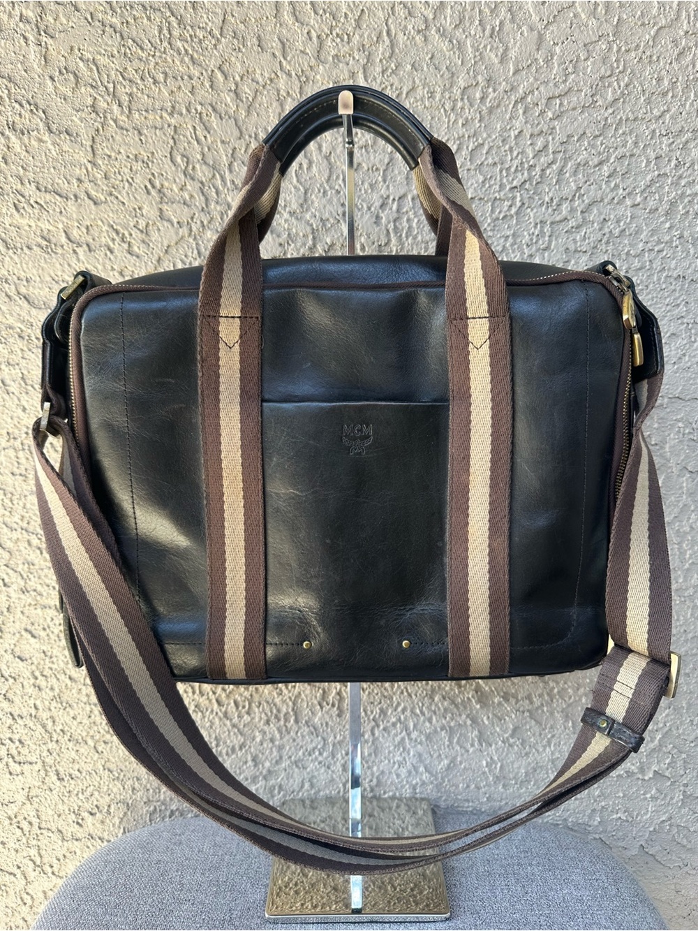 MCM Black Leather Messenger/laptop Bag with adjustable Striped Strap